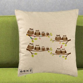 Perna Decorativa Familie de Bufnite pe Ramuri, 40x40 cm, Bej, Husa Detasabila, Perna Inclusa, BEKZ®