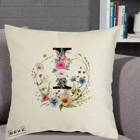 Cadou Personalizat - Perna Personalizata Monogram Litera I cu Flori Acuarela, 40x40 cm, Ecru, Husa Detasabila, Perna Inclusa, BEKZ®