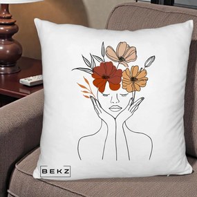 Perna Decorativa Portret Feminin Coroana Trei Flori, 40x40 cm, Alb Pufos, Husa Detasabila, Perna Inclusa, BEKZ®