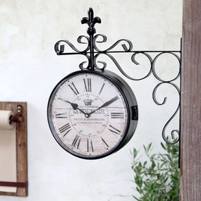 Ceas de perete cu cadran dublu, din metal și sticlă, negru, H 41 cm
