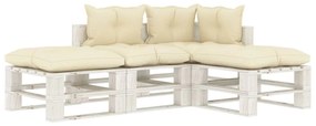 Set mobilier de gradina din paleti cu perne crem, 4 piese, lemn cream and white, 1