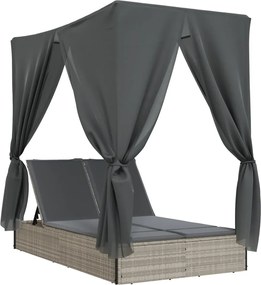 vidaXL Șezlong plajă dublu cu acoperiș perdele, gri deschis, poliratan