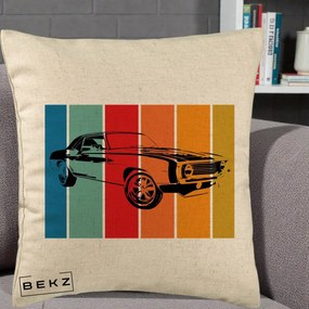 Perna Personalizata Masina Retro Muscle Car Grafic, 40x40 cm, Bej, Husa Detasabila, Perna Inclusa, BEKZ®