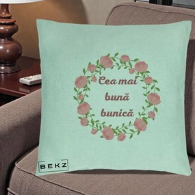 Cadou pentru Bunica - Perna Personalizata Cea Mai Buna Bunica Coronita Trandafiri Roz Clasic, 40x40 cm, Verde Menta, Husa Detasabila, Perna Inclusa, BEKZ®