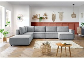 Colțar gri deschis cu tapițerie din catifea reiată (cu colț pe partea stângă /în formă de "U") Nihad modular – Bobochic Paris