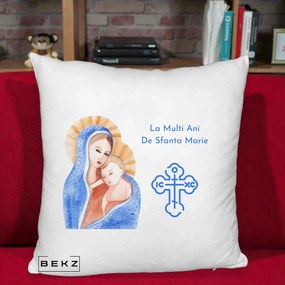 Cadou de Onomastica - Perna Personalizata Sfanta Marie Icoana Acuarela, 40x40 cm, Alb Pufos, Husa Detasabila, Perna Inclusa, BEKZ®