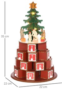 Calendar Advent de Craciun din lemn, cu lumini LED, pentru copii si adulti, rosu si verde HOMCOM | Aosom RO