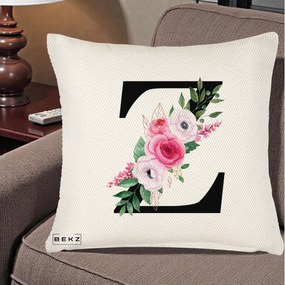 Cadou Personalizat - Perna Personalizata Monograma Florala Litera Z cu Buchet, 40x40 cm, Crem Reliefat, Husa Detasabila, Perna Inclusa, BEKZ®