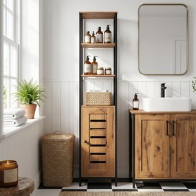 kleankin Dulap Baie Înalt și Îngust, Dulăpior Economisitor cu Uși Tip Jaluzea, 3 Rafturi Deschise, Maro Rustic | Aosom Romania
