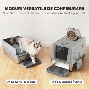 PawHut Litieră Închisă XL pentru Pisici din Oțel Inoxidabil cu Capac, Treaptă Colectoare pentru Nisip, Lopățică, Gri Deschis | Aosom Romania