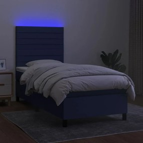 Pat cu arcuri, saltea si LED, albastru, 90x190 cm, textil Albastru, 90 x 190 cm, Benzi orizontale