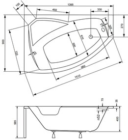 Cada baie asimetrica cu sezut, acril, 140 x 90 cm, orientare stanga, Besco Rima 1400x900 mm, Stanga