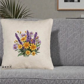 Perna Decorativa Lavanda cu Margarete Galbene si Lila, 40x40 cm, Bej Canapea, Husa Detasabila, Perna Inclusa, BEKZ®