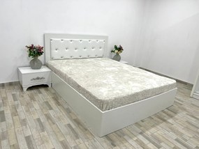 Set pat tapitat Milano, culoare alb, cu 2 noptiere Viena si saltea superortopedica lux 160 x 200 cm