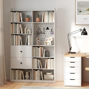 HOMCOM Bibliotecă Dublă cu 6 Niveluri, Sertare și Panou Perforat, Alb | Aosom Romania