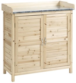 Outsunny Dulap de grădină cu 2 rafturi, suprafață de lucru din metal cu margine ridicată, lemn natural, 83 x 40 x 92 cm | Aosom Romania