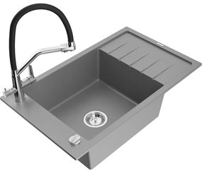 Mexen Elias chiuvetă de granit cu un compartiment, cu picurător și baterie de bucătărie Duo, Gri - 6511-71-671701-07
