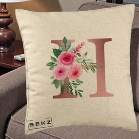 Cadou Personalizat - Perna Personalizata Monograma Rose Gold Litera H, 40x40 cm, Bej, Husa Detasabila, Perna Inclusa, BEKZ®