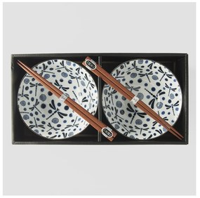 Set 2 boluri din ceramică și bețișoare MIJ Blue Dragonfly, albastru-alb