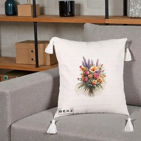Perna Decorativa Buchet Mixt Acuarela Lavanda-Trandafiri, 40x40 cm, Bej cu Franjuri, Husa Detasabila, Perna Inclusa, BEKZ®