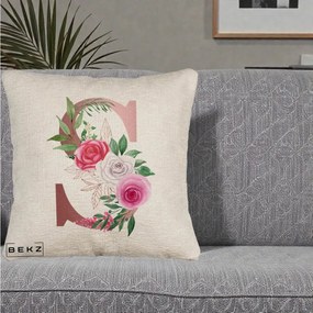 Cadou Personalizat - Perna Personalizata Monograma Rose Gold Litera S, 40x40 cm, Bej Canapea, Husa Detasabila, Perna Inclusa, BEKZ®