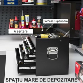 HOMCOM Comodă pentru Scule Portabilă, Cutie Metalică cu Carcasă Superioară și Glisiere pe Rulmenți cu Bile, 60x26x34 cm, Negru | Aosom Romania