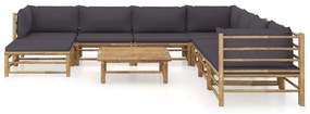 Set mobilier de gradina cu perne gri inchis, 9 piese, bambus