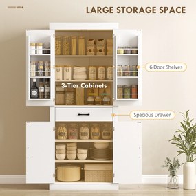 HOMCOM Dulap de bucătărie în stil country cu 2 dulapuri, 6 rafturi și un sertar, din lemn, 76x39,5x183,5 cm, alb | Aosom Romania