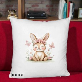 Perna Decorativa Iepuras cu Coronita Florala Roz, 40x40 cm, Alb Pufos, Husa Detasabila, Perna Inclusa, BEKZ®