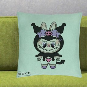 Perna Personalizata Labubu x Kuromi, 40x40 cm, Verde Menta, Husa Detasabila, Perna Inclusa, BEKZ®
