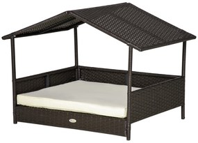 PawHut Pat Ratan pentru Câini cu Acoperiș pentru Exterior, Pat ridicat pentru câini mici și medii, Pat răcoros pentru Animale de Companie cu Cadru din Metal, Pat pentru Exterior, 69 x 98 x 70 cm, Cafea-Brun | Aosom Romania