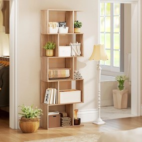 HOMCOM Bibliotecă cu 5 Rafturi Separate cu Spațiu de Economisire în Formă de S din Lemn, 60x24x184,5 cm, Lemn Natural | Aosom Romania