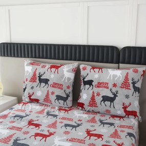 Set Lenjerie cocolino MERRY CHRISTMAS DEER gri + Cearsaf Cocolino microplus cu elastic SOFT 180x200 cm alb, pat dublu