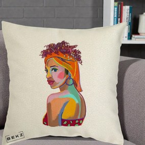Perna Decorativa Portret Femeie Colorat Pop Art, 40x40 cm, Ecru, Husa Detasabila, Perna Inclusa, BEKZ®