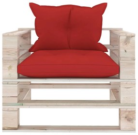 Canapea de gradina din paleti cu perne rosii, lemn de pin