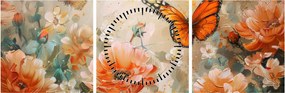Tablou - Fluture și flori, pictură în ulei (cu ceas) (90x30 cm)