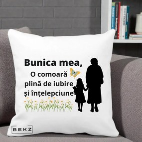 Cadou pentru Bunica - Perna Personalizata Bunica Mea Comoara Iubire Intelepciune Varianta Extinsa, 40x40 cm, Alba Mata, Husa Detasabila, Perna Inclusa, BEKZ®
