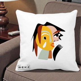 Perna Decorativa Portret Abstract Galben-Ocru, 40x40 cm, Alba Mata, Husa Detasabila, Perna Inclusa, BEKZ®