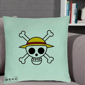 Perna Personalizata One Piece Jolly Roger Straw Hat Pirates, 40x40 cm, Verde Menta, Husa Detasabila, Perna Inclusa, BEKZ®