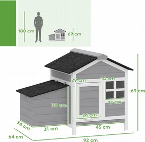 PawHut Coteț din lemn, acoperiș din asfalt și cuibar adăpost pentru 4 găini cu fereastră din acril 92 x 64 x 69 cm gri | Aosom Romania