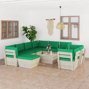 Set mobilier gradina din paleti cu perne, 10 piese, lemn molid Verde, 5x colt + 3x mijloc + masa + suport pentru picioare, 1