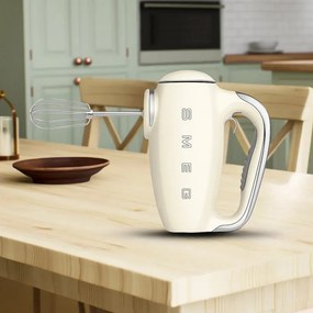 Mixer manual SMEG 50's Style HMF01CREU, 250 W, 9 viteze, Functie Turbo, Afisaj LED, Timer, Accesorii, Crem