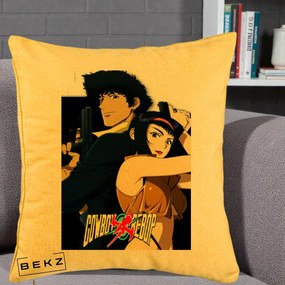 Perna Personalizata Cowboy Bebop Spike si Faye Poster, 40x40 cm, Galben, Husa Detasabila, Perna Inclusa, BEKZ®