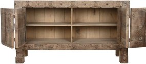 Bufet rustic din lemn reciclat, natur, cu 2 uși, decor sculptat manual și balamale fluture din metal, 92 x 167 x 51 cm, „Rigora”