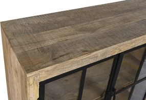 Bufet-vitrină stil industrial din lemn de mango și metal, natur și negru, cu 4 uși vitrate și raft inferior deschis, 100 x 170 x 45 cm, „Arcole”