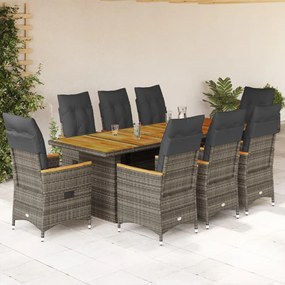 3277252 vidaXL Set bistro de grădină cu perne, 9 piese, gri, poliratan