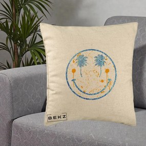 Perna Decorativa Smiley Face Tropical Albastru Glitter si Portocaliu, 40x40 cm, Bej, Husa Detasabila, Perna Inclusa, BEKZ®