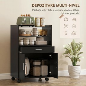 HOMCOM Dulap pentru Cuptorul cu Microunde cu Roți, Bufet de Bucătărie cu Sertar, Blat pentru Aparate, Dulap cu 2 Uși, Raft Retractabil și Raft Deschis, Cărucior de Bucătărie pentru Sufragerie, 59x40x92cm, Negru | Aosom Romania