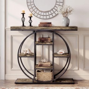 HOMCOM Masă consolă industrială cu rafturi și cadru circular din oțel, 100 x 30 x 81,5 cm, maro rustic | Aosom Romania