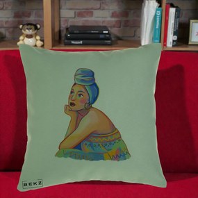 Perna Decorativa Portret Femeie Contemplativa, 40x40 cm, Verde, Husa Detasabila, Perna Inclusa, BEKZ®